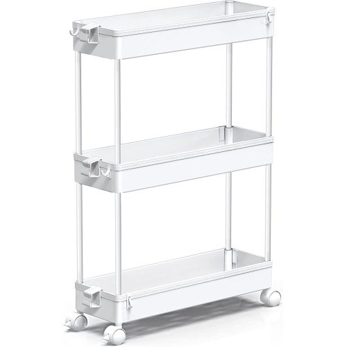 GGIU 3 Tier Rolling Storage Cart, Classic Mobile Shelving Unit, Silm Rolling Utility Cart for Kitchen Bathroom Office, White