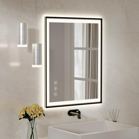 GGIU LED Bathroom Mirror with Lights, 36x28 Black Framed Vanity Mirror, Anti-Fog Smart Mirror, 5 Colors Lighted Mirror