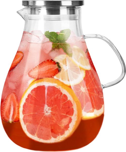 Brand Glass Water Pitcher with Lid: Drink Pitcher Glass Pitchers with Handle and Lid - 63oz Tea Pitcher for Fridge - Glass Juice Pitcher for Milk, Juice, Tea, Cold or Hot Beverages, Wide Mouth, Borosilicate Glass, Heat Resistant, Easy Clean