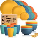 Wheat Straw Dinnerware Set 40 PCS, Service for 8, Plates and Bowls Sets, Unbreakable Dinner Plates, Dessert Plate, Cereal Bowls, Drinking Glasses, Dishwasher Safe