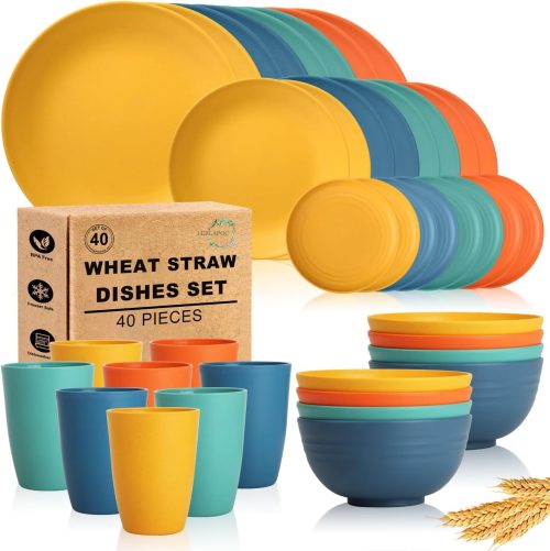 Wheat Straw Dinnerware Set 40 PCS, Service for 8, Plates and Bowls Sets, Unbreakable Dinner Plates, Dessert Plate, Cereal Bowls, Drinking Glasses, Dishwasher Safe