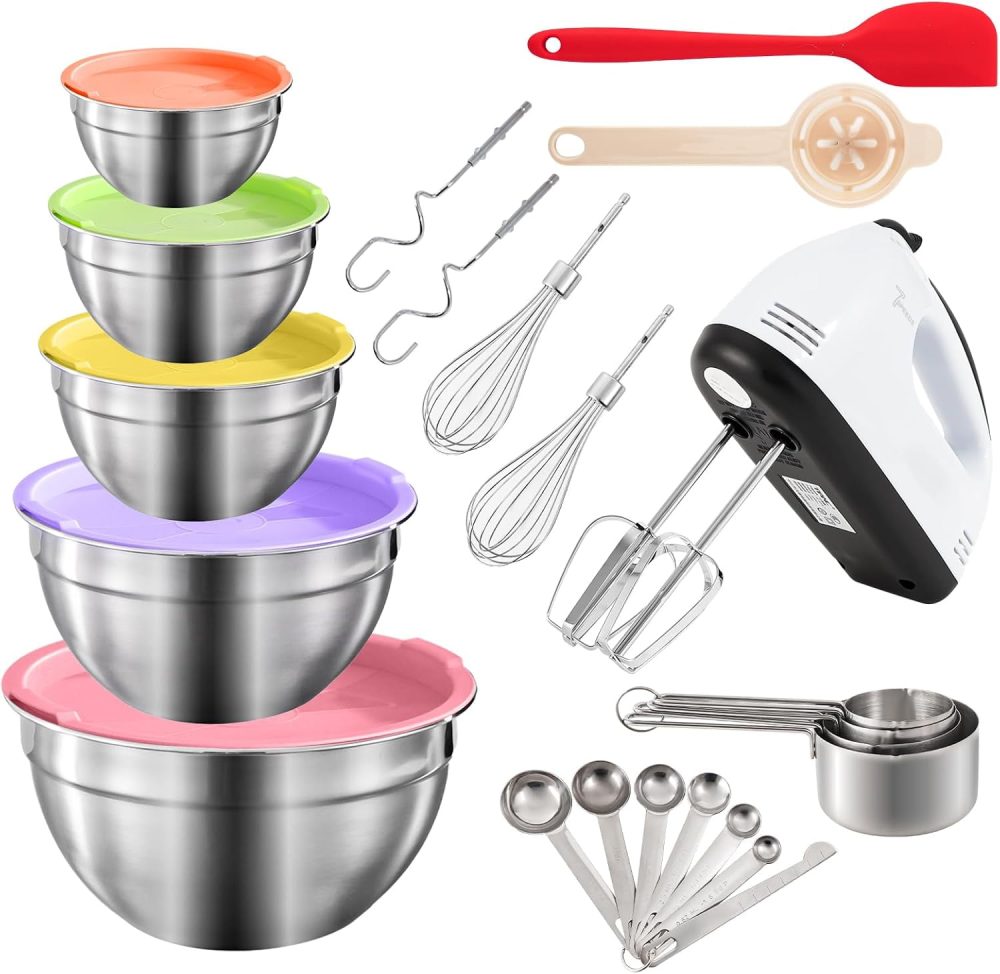 7 Speed Electric Hand Mixer,5 Large Mixing Bowls Set,Handheld Mixers with Whisks Beater,Stainless Steel Metal Nesting Bowl Measuring Cups Spoons Kitchen Cake Blender for Prep Baking Supplies