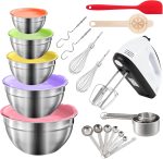 7 Speed Electric Hand Mixer,5 Large Mixing Bowls Set,Handheld Mixers with Whisks Beater,Stainless Steel Metal Nesting Bowl Measuring Cups Spoons Kitchen Cake Blender for Prep Baking Supplies