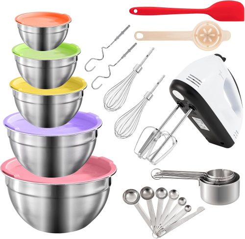 7 Speed Electric Hand Mixer,5 Large Mixing Bowls Set,Handheld Mixers with Whisks Beater,Stainless Steel Metal Nesting Bowl Measuring Cups Spoons Kitchen Cake Blender for Prep Baking Supplies
