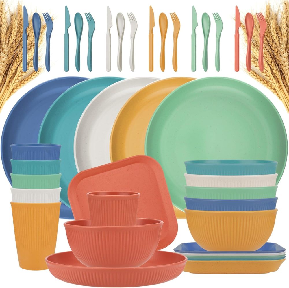 Dinnerware Sets, 42 Piece Kitchen Plates and Bowls Sets, Wheat Straw Dinnerware Set Service for 6, Lightweight Unbreakable Plastic Plate Dishwasher Microwave Safe Dish Set Outdoor Plates