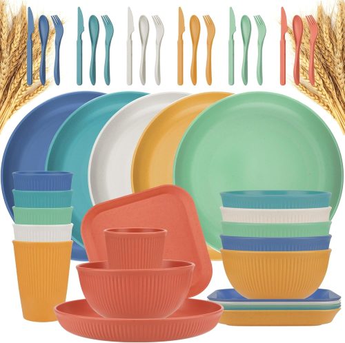 Dinnerware Sets, 42 Piece Kitchen Plates and Bowls Sets, Wheat Straw Dinnerware Set Service for 6, Lightweight Unbreakable Plastic Plate Dishwasher Microwave Safe Dish Set Outdoor Plates