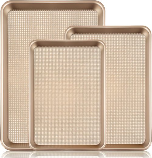 GGIU Baking Sheet Set of 3, Cookie Sheets For Baking with Square Texture Pattern, Thicker Carbon Steel Non-stick Baking Pan Half Quarter Jelly Roll Pans Tray for Oven