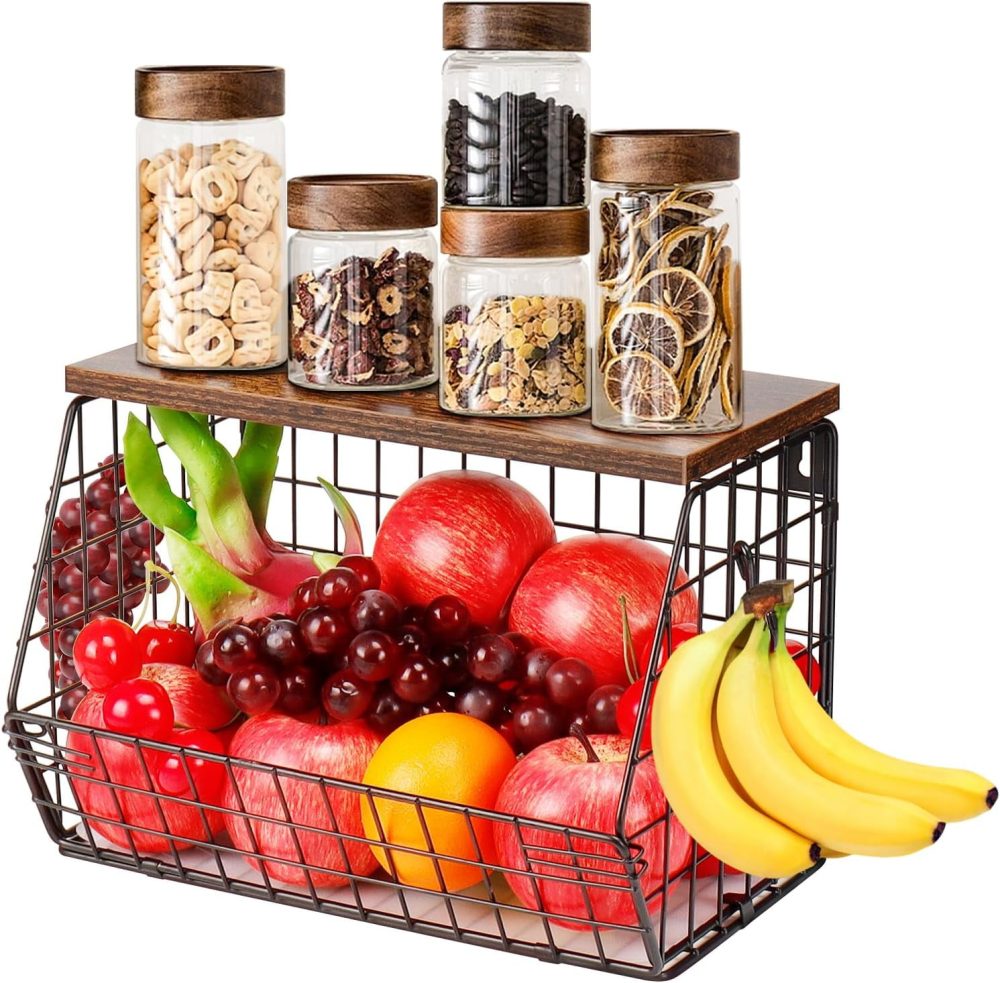 GGIU Fruit Basket for Kitchen, Metal Fruit Vegetable Storage Bin with 2 Banana Hangers, Countertop Wire Basket Organizer for Snack Potato Onion