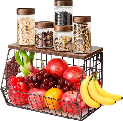 GGIU Fruit Basket for Kitchen, Metal Fruit Vegetable Storage Bin with 2 Banana Hangers, Countertop Wire Basket Organizer for Snack Potato Onion