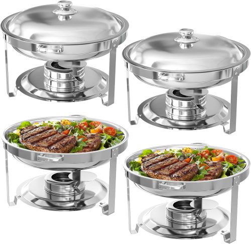 5QT Chafing Dishes Buffet Set 4 Pack, Stainless Steel Round Chafing Dishes with Lids, Stackable Design for Catering, Parties, Weddings