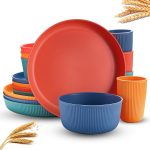 16PCS Wheat Straw Dinnerware Sets Reusable Unbreakable Dinner Plates Set for 4 Serving Bowls and Cups Microwave Dishwasher Safe Dinnerware for Kitchen Camping