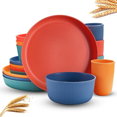 16PCS Wheat Straw Dinnerware Sets Reusable Unbreakable Dinner Plates Set for 4 Serving Bowls and Cups Microwave Dishwasher Safe Dinnerware for Kitchen Camping