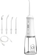 Water Dental Flosser, Water Flossers for Teeth, 300ML Portable Water Flosser, Rechargeable Travel Teeth Cleaner, 4 Modes and 4 Jet Tips, Professional Electric Flossing Machine, White
