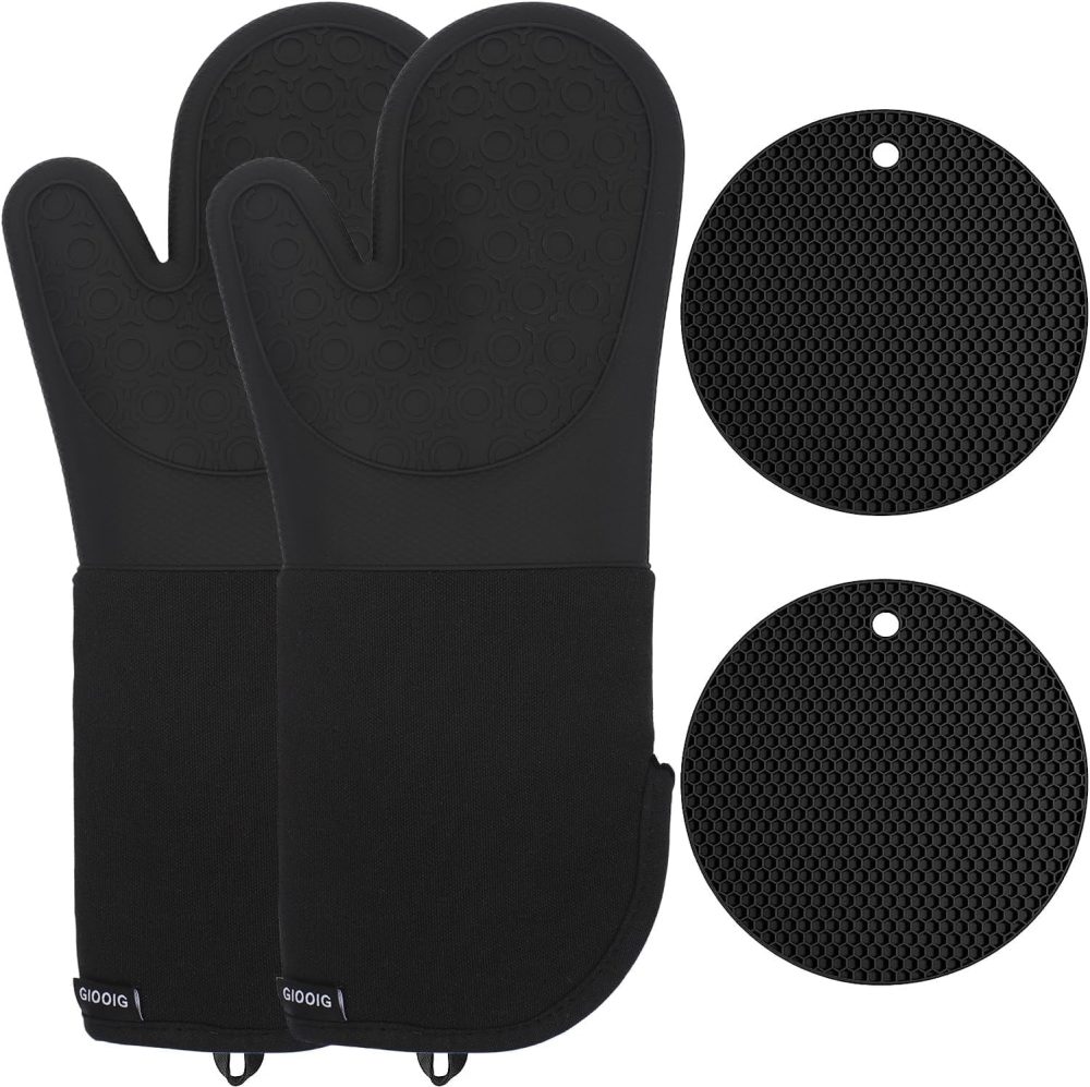 Extra Long Silicone Oven Mitts Heat Resistant and Pot Holders Set, Textured Grip with Quilted Cotton Liner, Perfect for Baking, Cooking, BBQ, Grilling