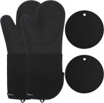 Extra Long Silicone Oven Mitts Heat Resistant and Pot Holders Set, Textured Grip with Quilted Cotton Liner, Perfect for Baking, Cooking, BBQ, Grilling