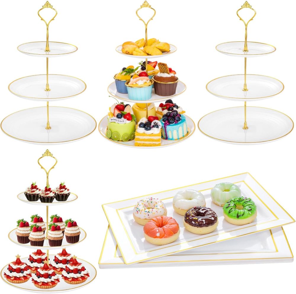 GGIU 3 Tier Cupcake Stands, 6pcs Plastic Trays, 4Pack Cupcake Dessert Stand, Party Trays Set, Cake Platters Includes 6 pcs Pastry Trays,4 pcs Round Cake Trays