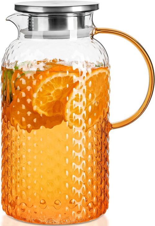 GGIU Glass Pitcher Squama Designed 64 oz, Glass Water Pitcher, Iced Tea Pitcher with Lid and Spout, Large Bore Design for Easy Cleaning, Iced Tea, Juice, Milk