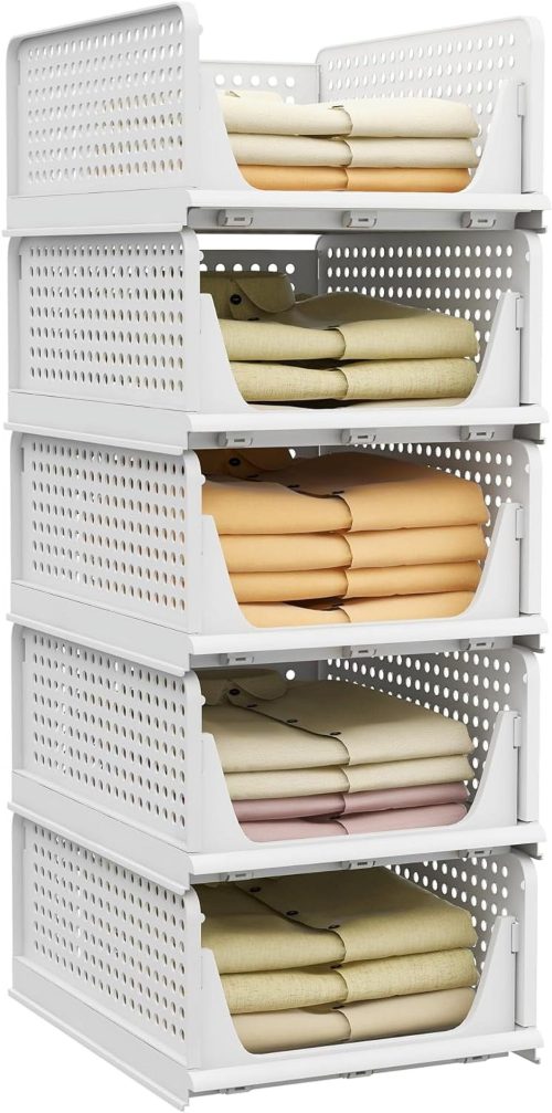 GGIU Stackable Plastic Storage Basket Foldable Closet Organizers and Storage Bins 5 Pack Drawer Shelf Storage Container for Wardrobe Cupboard Kitchen Bathroom Office 5L