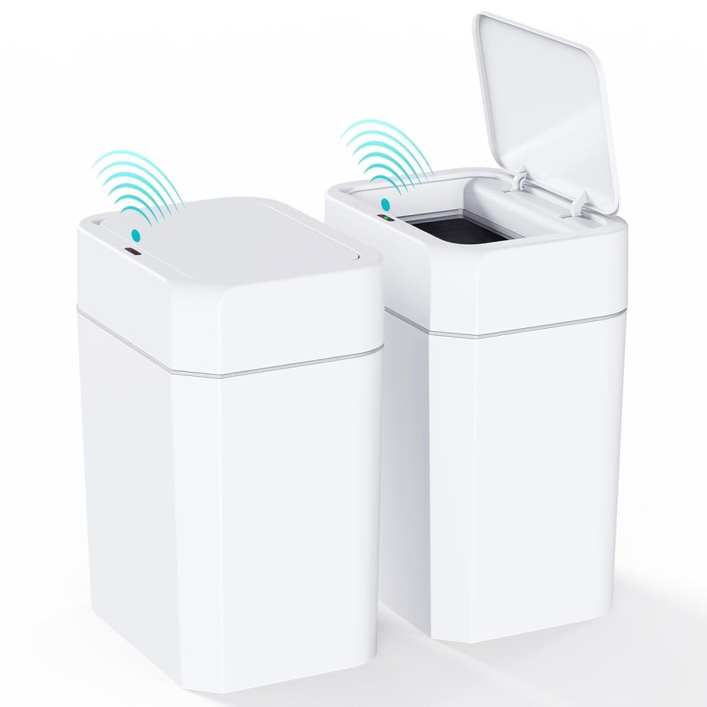 GGIU 2 Pack Motion Sensor Bathroom Trash Can with Lid, 2.6 Gallon Small Smart Automatic Touchless Garbage Can, Slim Waterproof Plastic Wastebasket for Bedroom Office Toilet, White