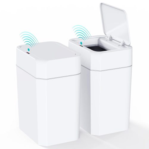 GGIU 2 Pack Motion Sensor Bathroom Trash Can with Lid, 2.6 Gallon Small Smart Automatic Touchless Garbage Can, Slim Waterproof Plastic Wastebasket for Bedroom Office Toilet, White