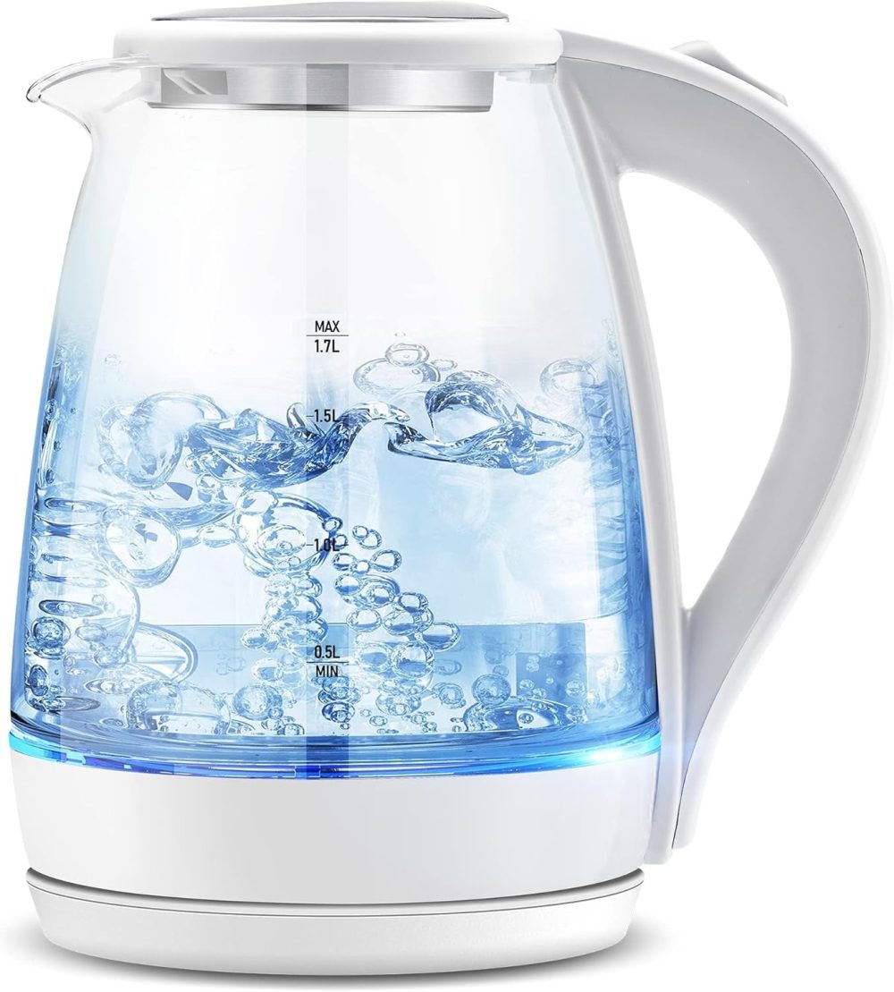 GGIU Electric Kettle, 1.7L Hot Water Boiler - Glass Tea kettle with Wide Opening and Led Indicator, Auto Shut-Off and Boil-Dry Protection,White