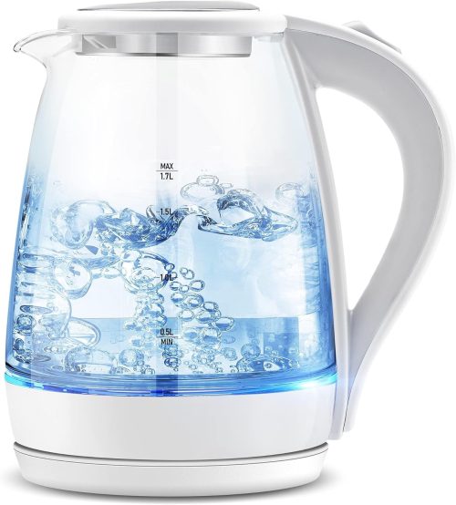 GGIU Electric Kettle, 1.7L Hot Water Boiler - Glass Tea kettle with Wide Opening and Led Indicator, Auto Shut-Off and Boil-Dry Protection,White