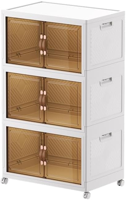 312 QT 78 Gal Stackable Collapsible Storage Bins with Magnetic Doors & Wheels - Space-Saving Plastic Organizer Cabinet for Closet, Office, Home