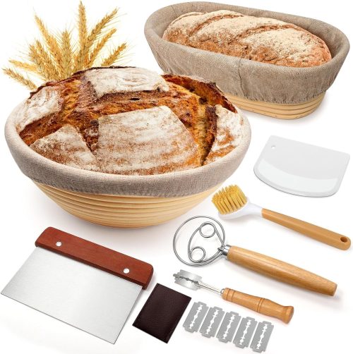 Sourdough Proofing Basket Gift Set, 9in Round and 10in Oval Banneton Bread Baking Supplies, Sourdough Baskets with Bread Lame, Danish Whish, Bowl Scraper, Sourdough Scraper, and Linen Liners