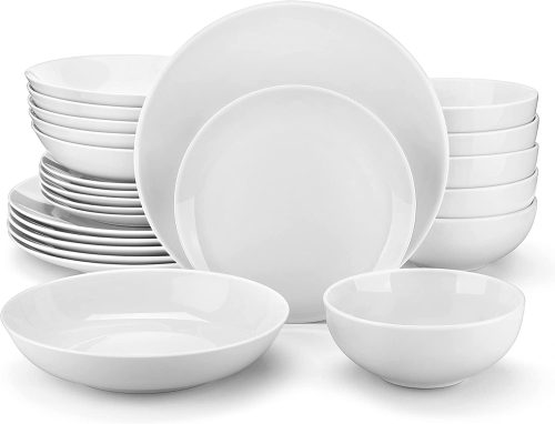24 Piece Gourmet Porcelain Dinnerware Sets, Modern White Round Dish Set for 6, Premium Serving Plates and Bowls Sets for Dessert, Salad, Soup, Pasta