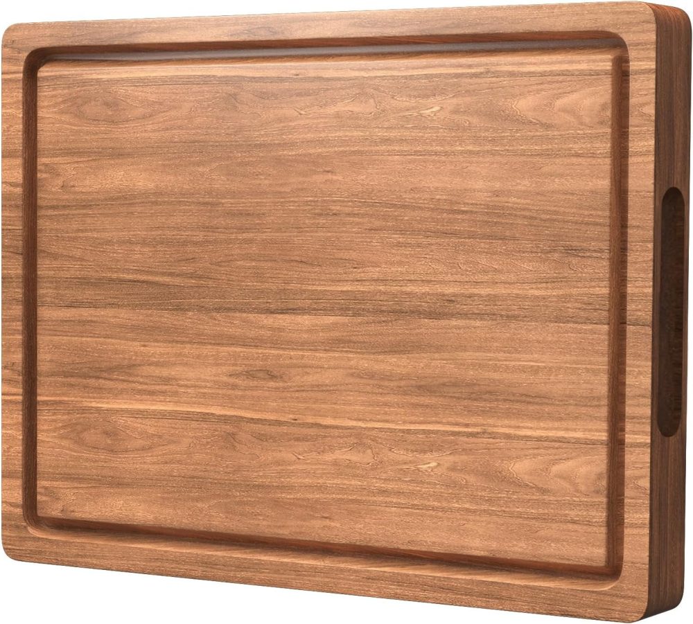 Wood Cutting Boards for Kitchen, Butcher Block with Deep Juice Grooves, Non-Slip Handle, Reversible Chopping Board for Meat, Cheese, Vegetables